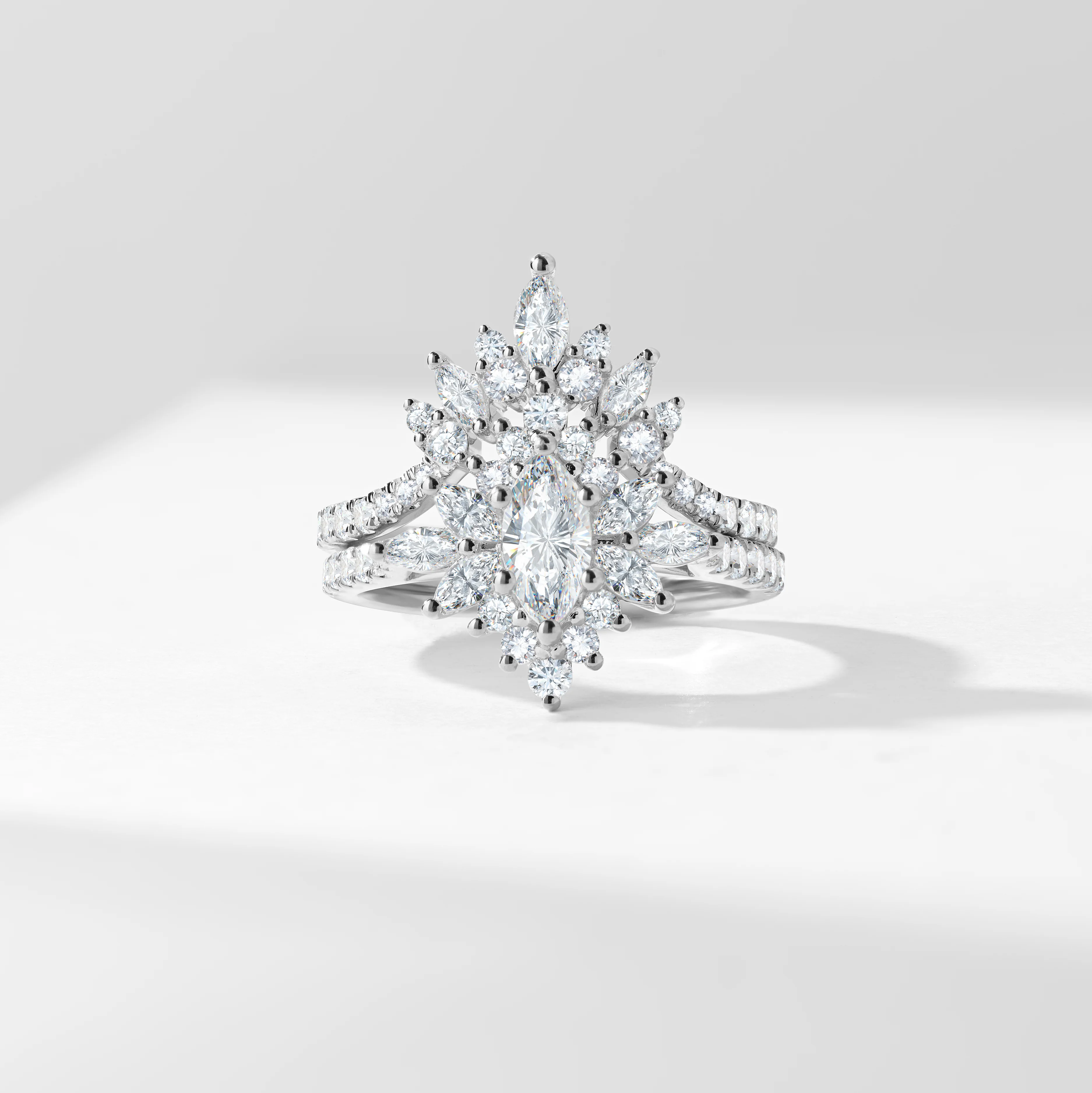 0.50ct Marquise Diamond Solitaire Starburst Halo Tiara Diamond Bridal Set 1.5tdw - Image 7