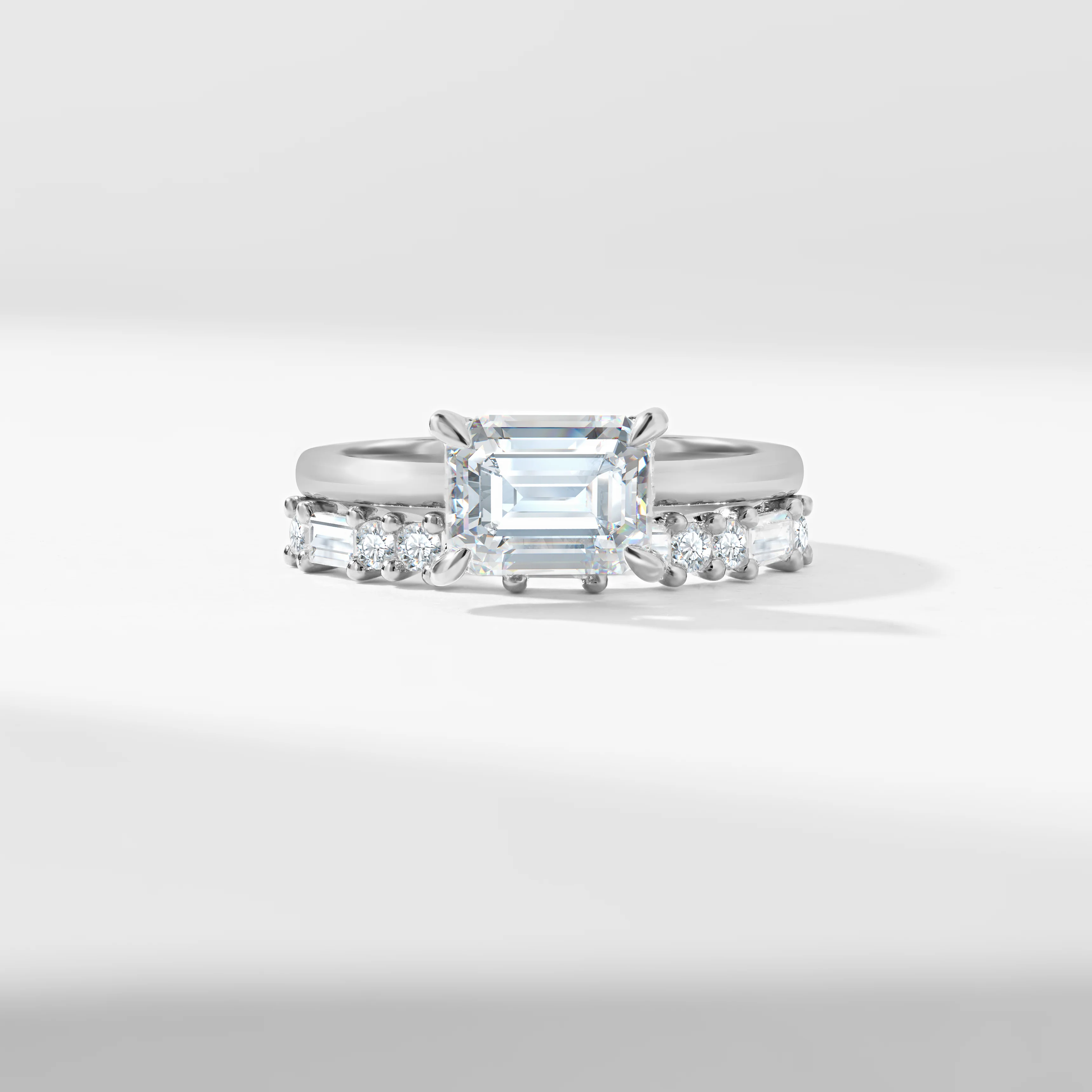 1.75ct East West Emerald Cut Diamond Solitaire With Baguette And Round Brilliant Diamond Bridal Set 2.40tdw - Image 6