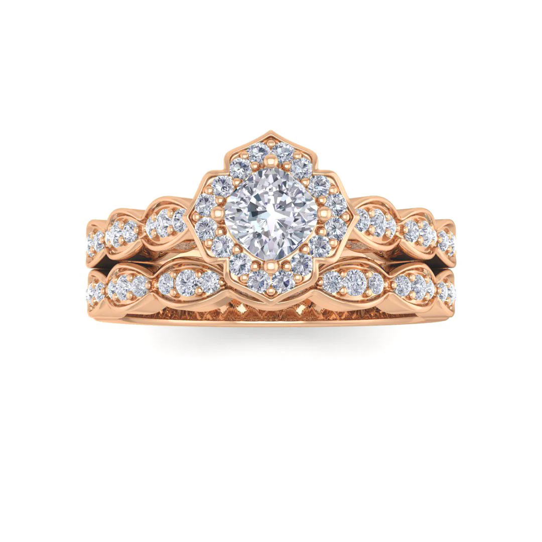 14k Rose Gold 0.33ct Cushion Cut Lab Diamond Halo Vintage Inspired Bridal Set 0.63tdw