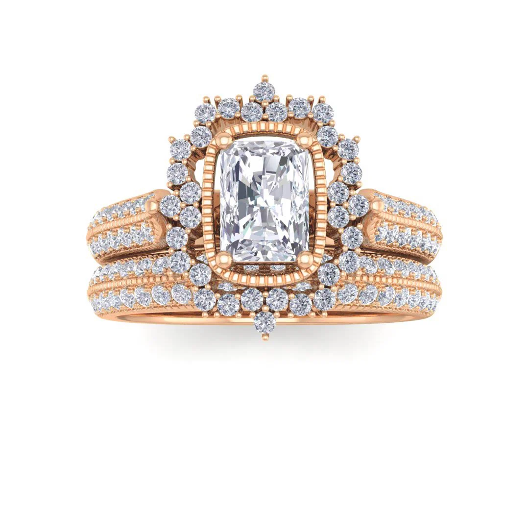 14k Rose Gold 0.33ct Emerald Cut Moissanite Vintage Halo Bridal Set 0.5tdw