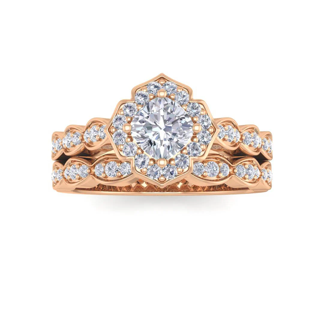 14k Rose Gold 0.5ct Cushion Cut Diamond Halo Vintage Inspired Bridal Set 0.8tdw