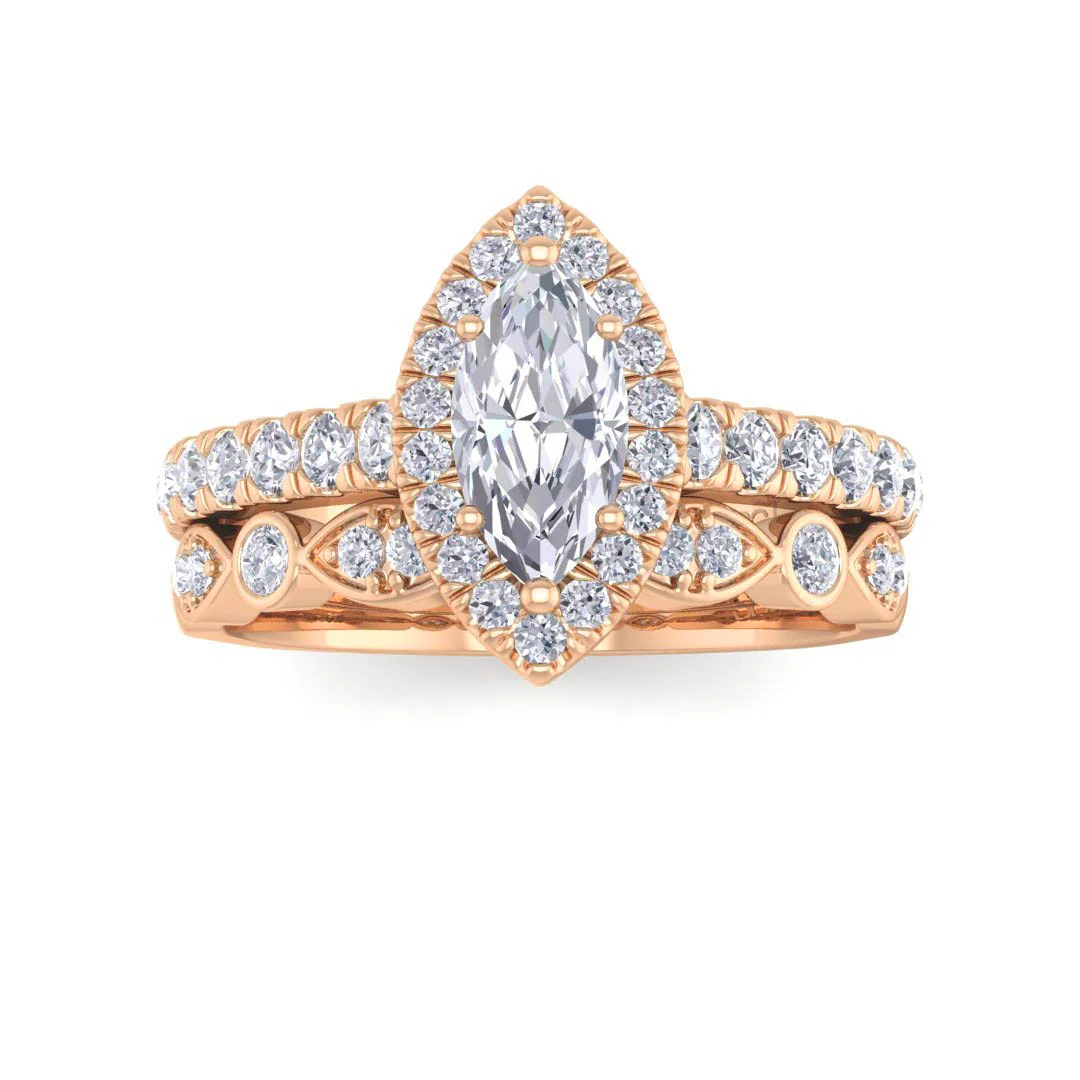 14k Rose Gold 0.5ct Marquise Lab Diamond Halo Bridal Set 1.0tdw