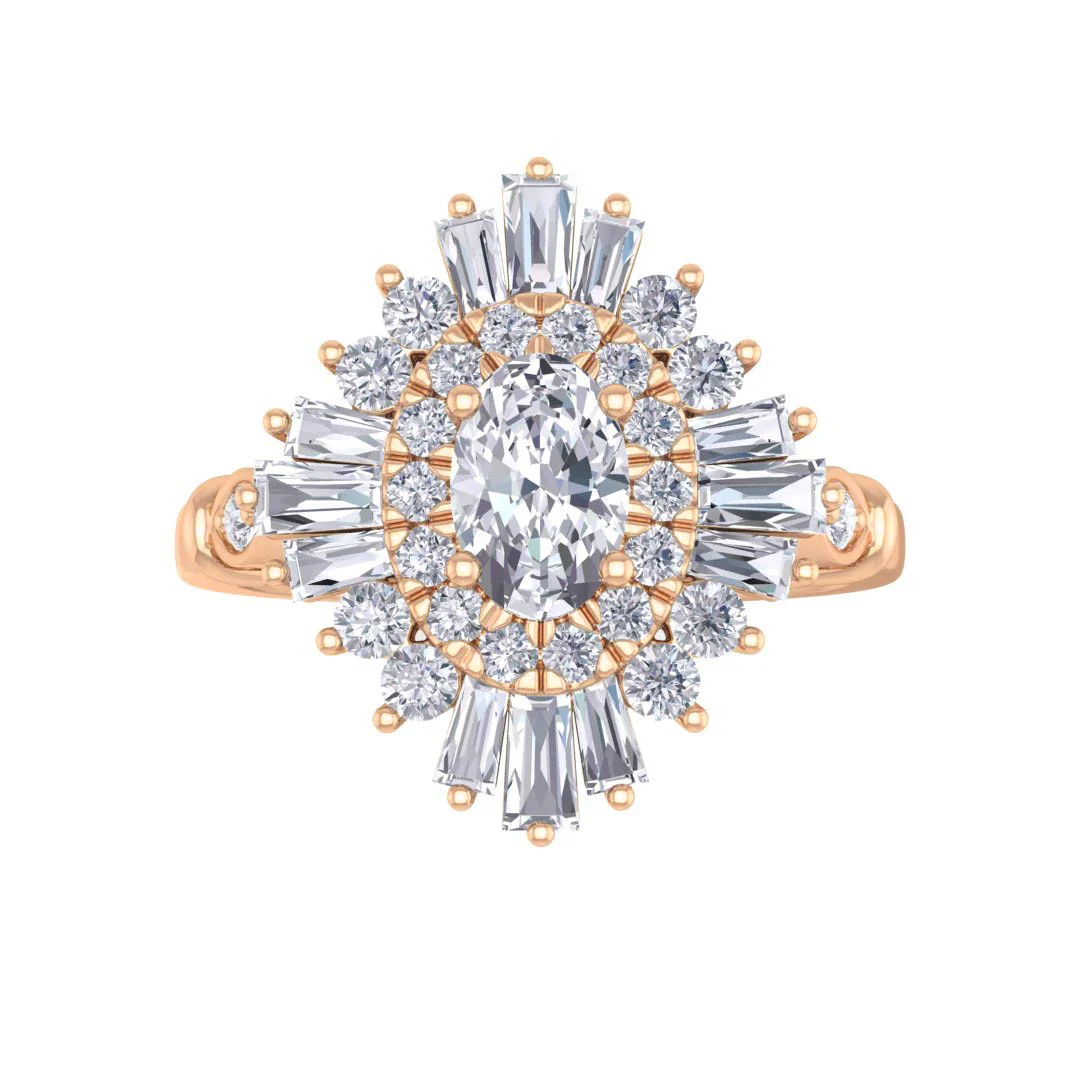 14k Rose Gold 0.5ct Oval Moissanite Baguette Starburst Engagement Ring 0.5tdw