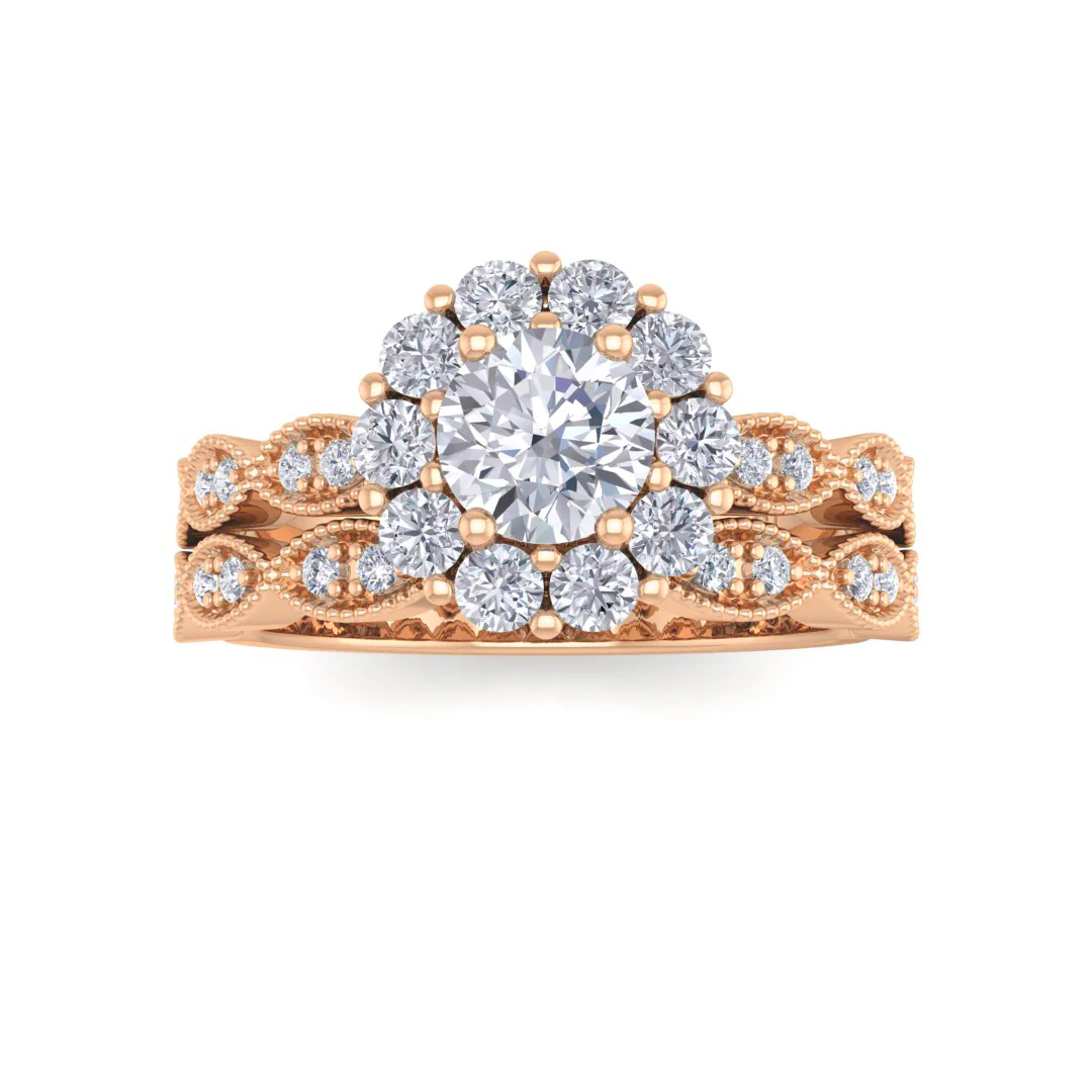 14k Rose Gold 0.5ct Round Brilliant Moissanite Halo Bridal Set 0.55tdw