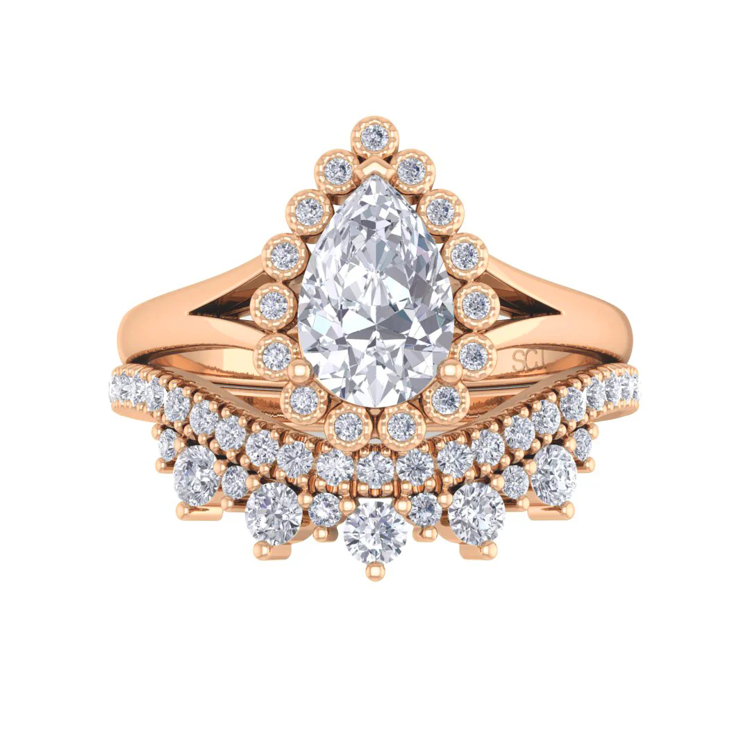 14k Rose Gold 0.75ct Pear Diamond Halo Tiara Bridal Set 1.15tdw
