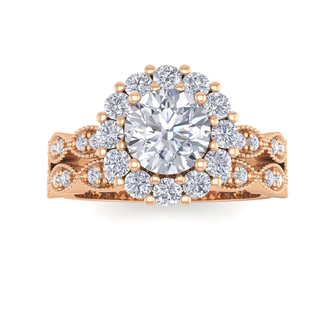 14k Rose Gold 0.75ct Round Brilliant Diamond Halo Bridal Set 1.3tdw