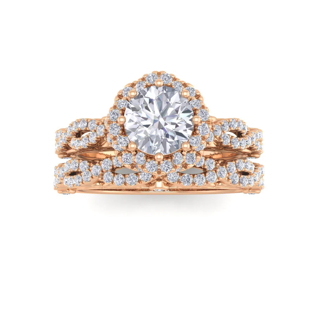 14k Rose Gold 0.75ct Round Brilliant Moissanite Flower Halo Bridal Set 0.5tdw