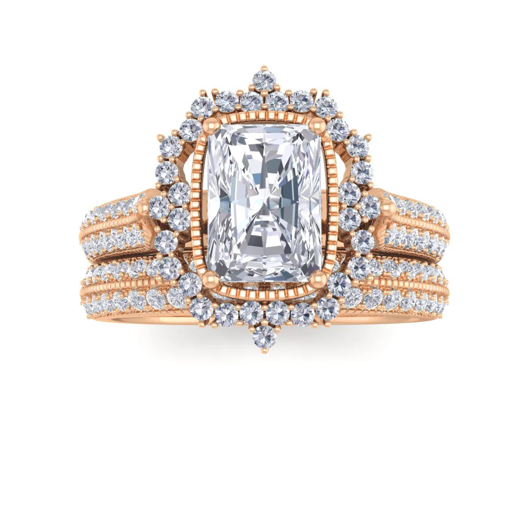 14k Rose Gold 1.0ct Emerald Cut Moissanite Vintage Halo Bridal Set 0.5tdw