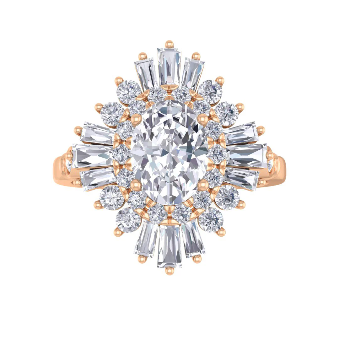 14k Rose Gold 1.0ct Oval Diamond Baguette Starburst Engagement Ring 1.5tdw