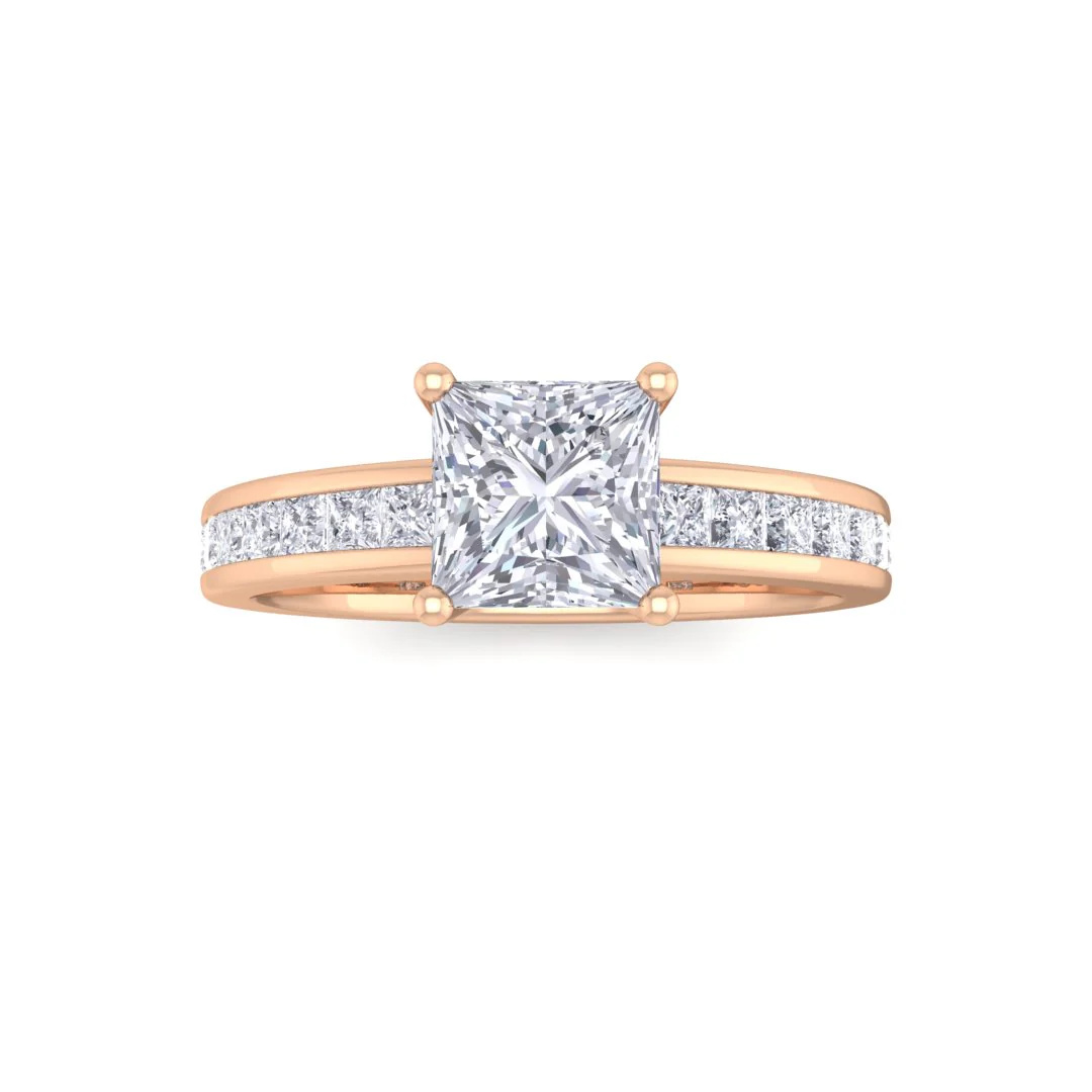 14k Rose Gold 1.0ct Princess Cut Lab Diamond Solitaire with Shoulder Accents Engagement Ring 1.5tdw