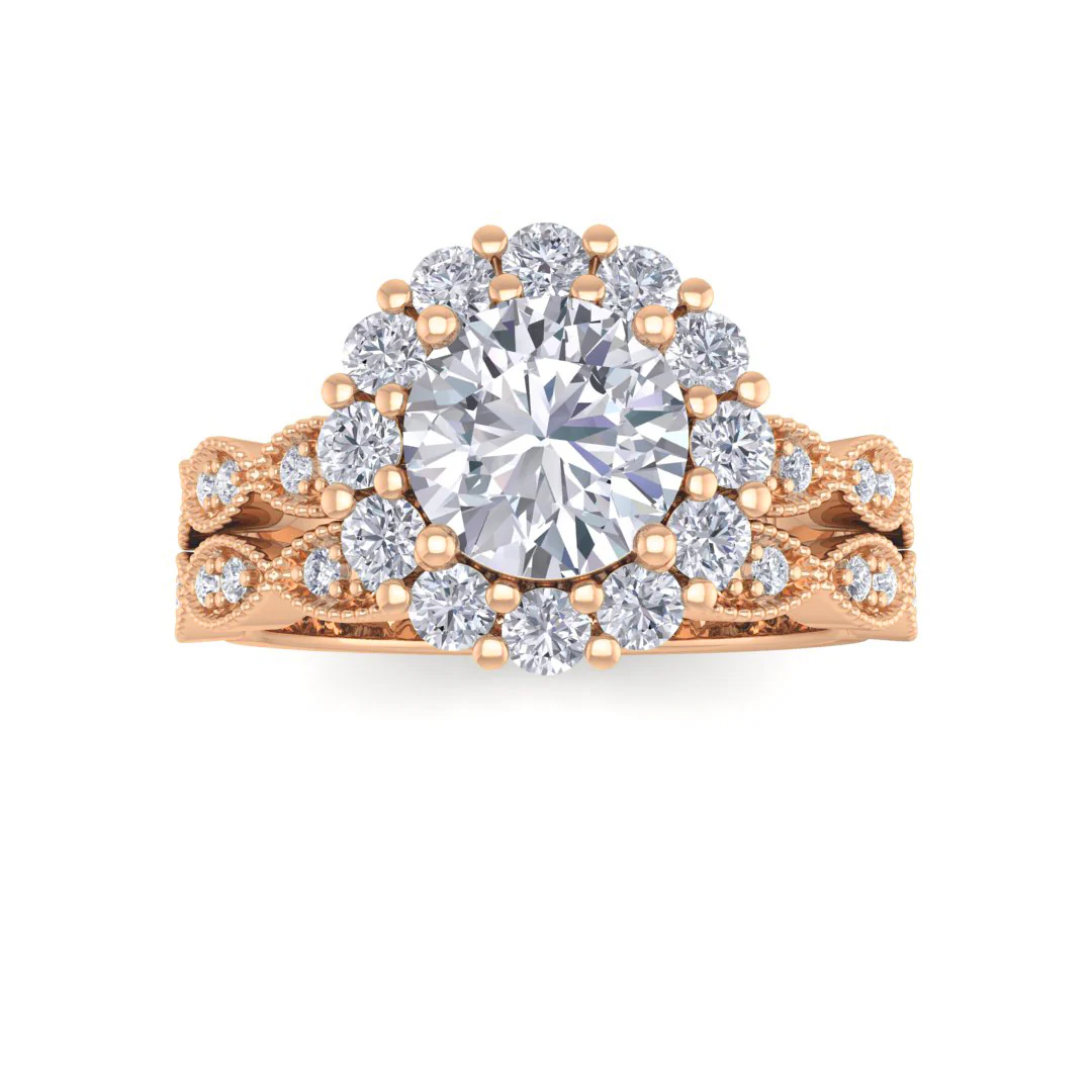 14k Rose Gold 1.0ct Round Brilliant Lab Diamond Halo Bridal Set 1.55tdw