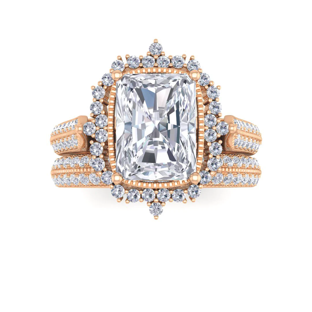 14k Rose Gold 1.5ct Emerald Cut Lab Diamond Vintage Halo Bridal Set 2.0tdw