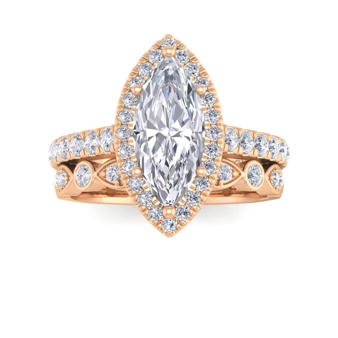 14k Rose Gold 1.5ct Marquise Diamond Halo Bridal Set 2.0tdw