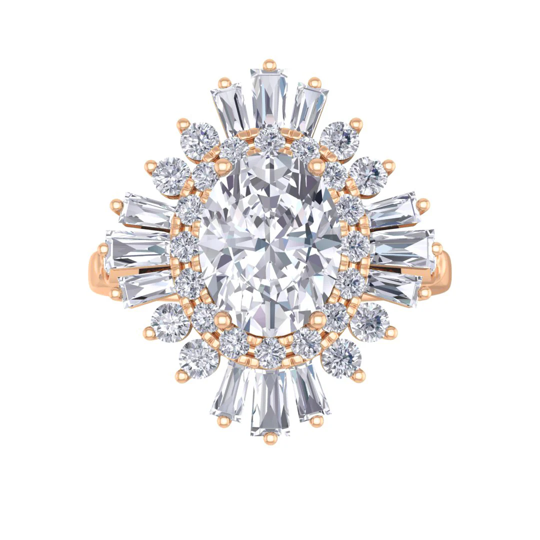 14k Rose Gold 1.5ct Oval Lab Diamond Baguette Starburst Engagement Ring 2.0tdw
