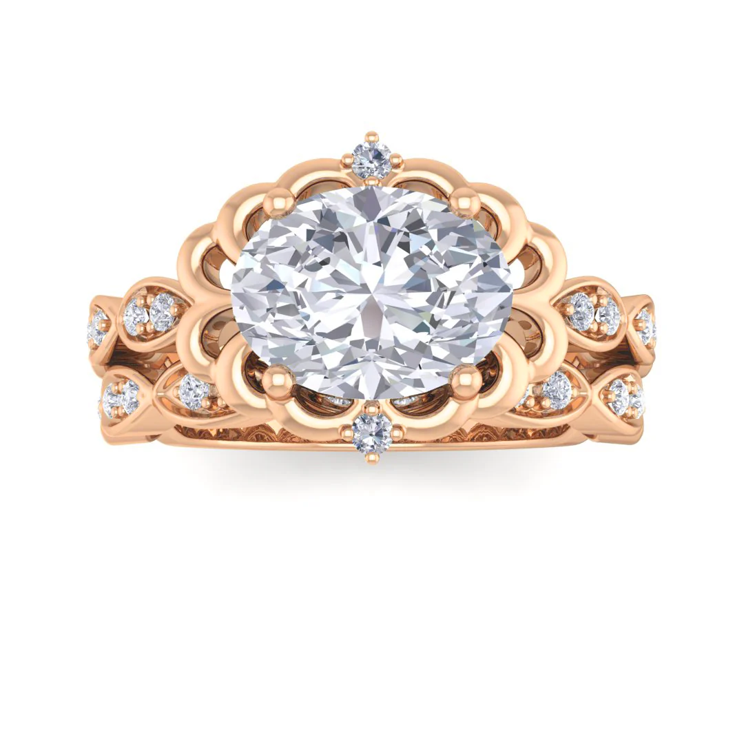 14k Rose Gold 1.5ct Oval Moissanite Filigree Halo Bridal Set 0.2tdw