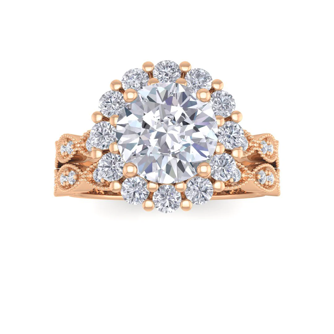 14k Rose Gold 1.5ct Round Brilliant Diamond Halo Bridal Set 2.05tdw