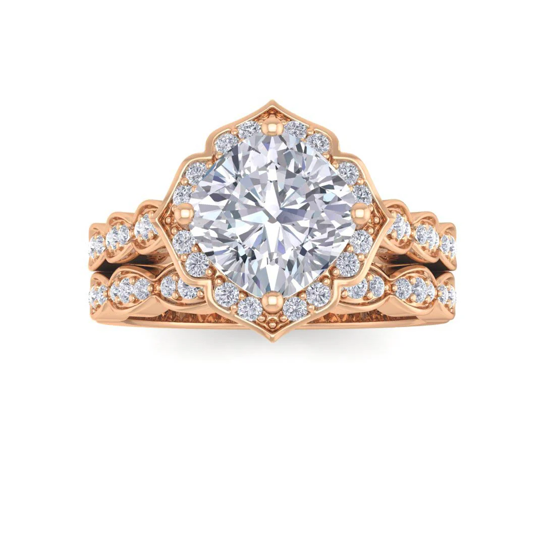 14k Rose Gold 2.0ct Cushion Cut Diamond Halo Vintage Inspired Bridal Set 2.3tdw