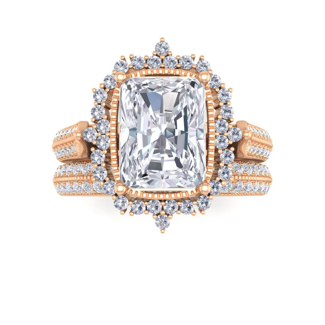 14k Rose Gold 2.0ct Emerald Cut Diamond Vintage Halo Bridal Set 2.5tdw