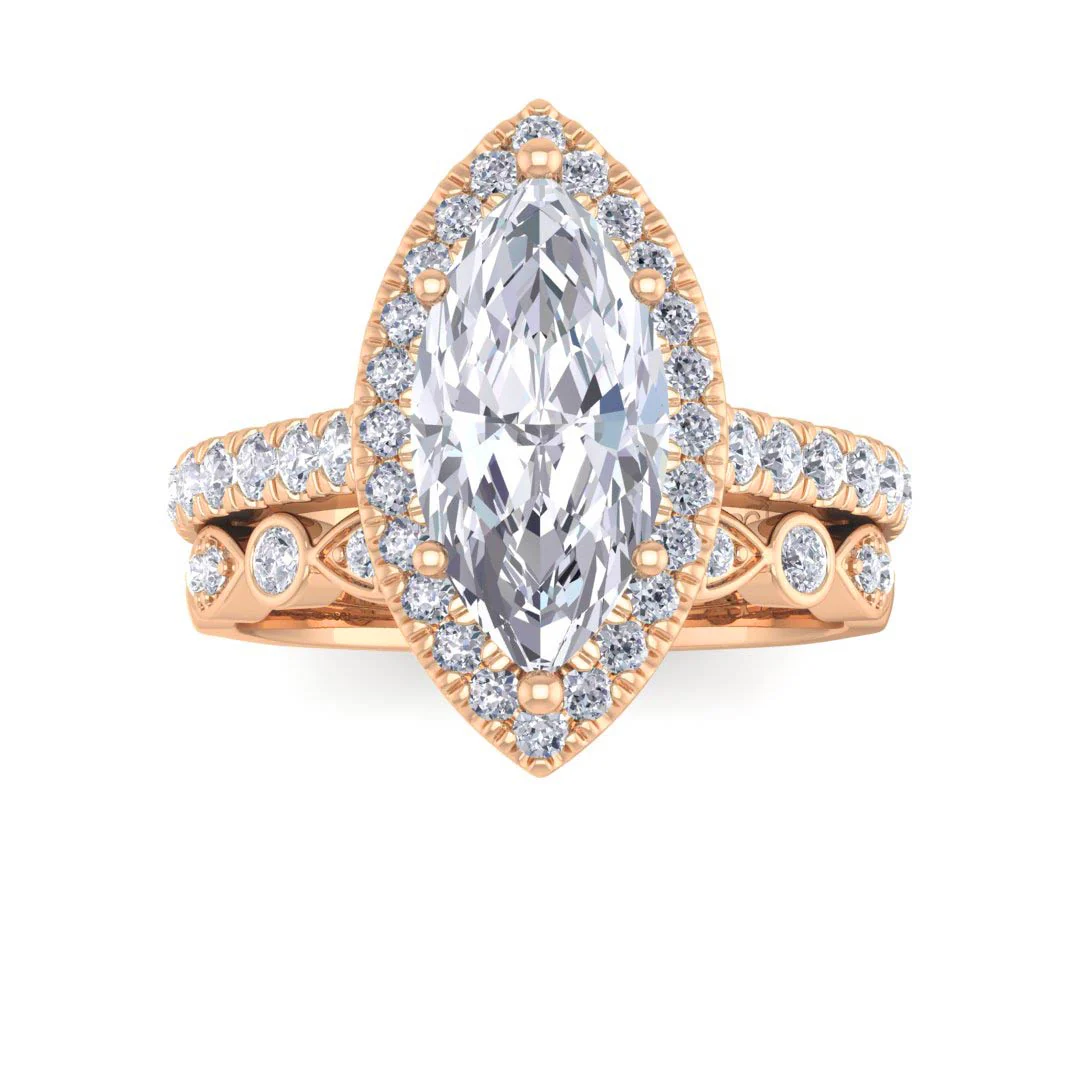 14k Rose Gold 2.0ct Marquise Moissanite Halo Bridal Set 0.5tdw