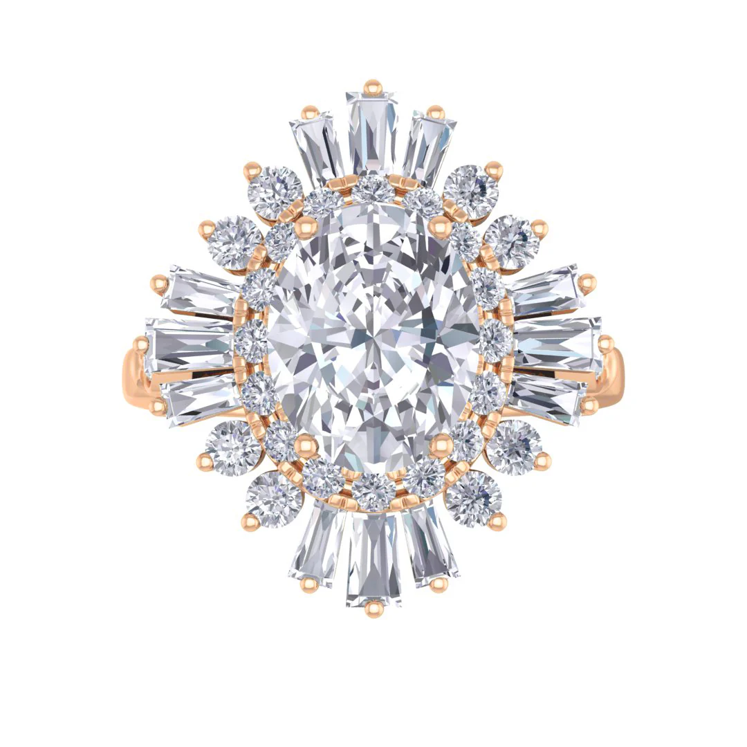 14k Rose Gold 2.0ct Oval Lab Diamond Baguette Starburst Engagement Ring 2.5tdw