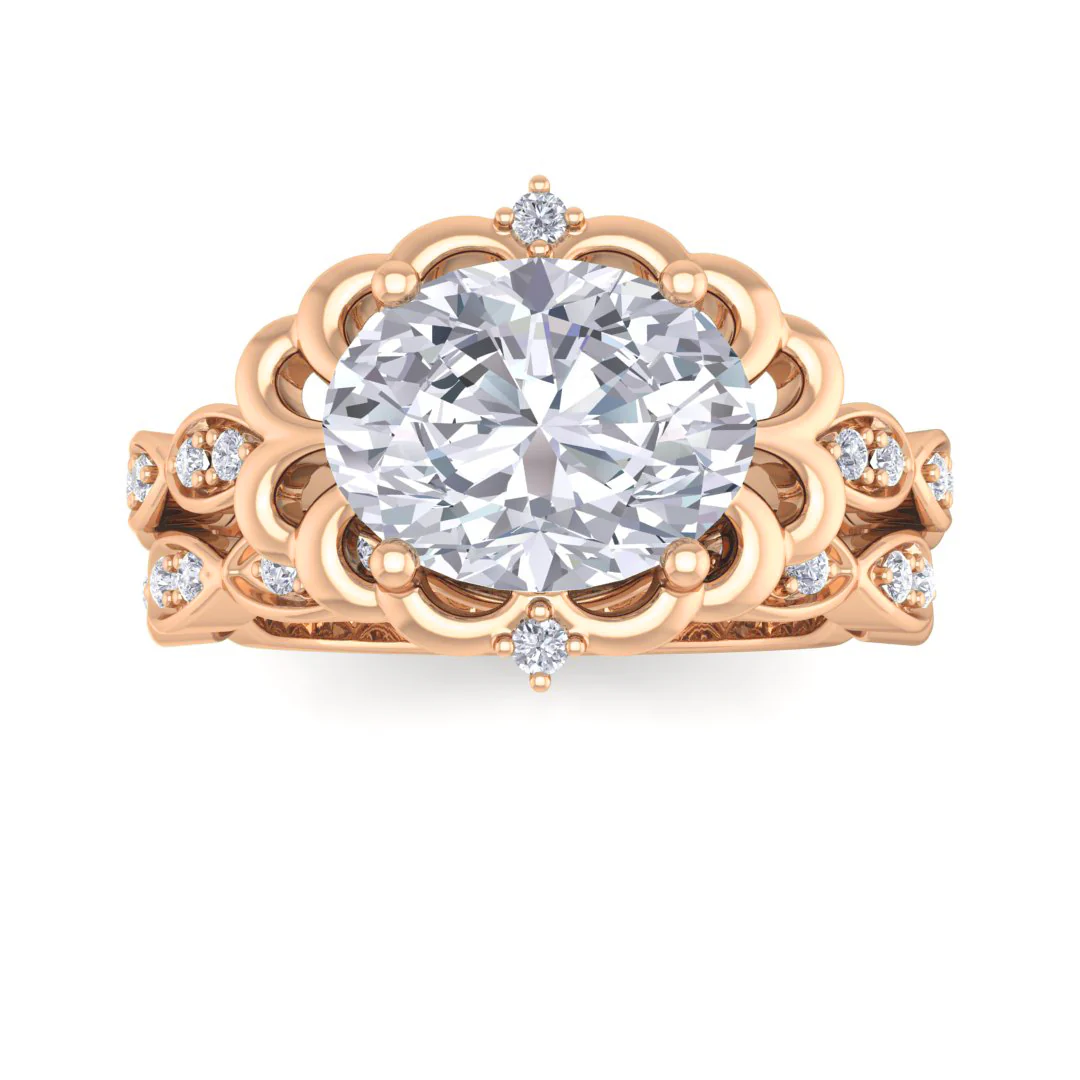 14k Rose Gold 2.0ct Oval Moissanite Filigree Halo Bridal Set 0.2tdw