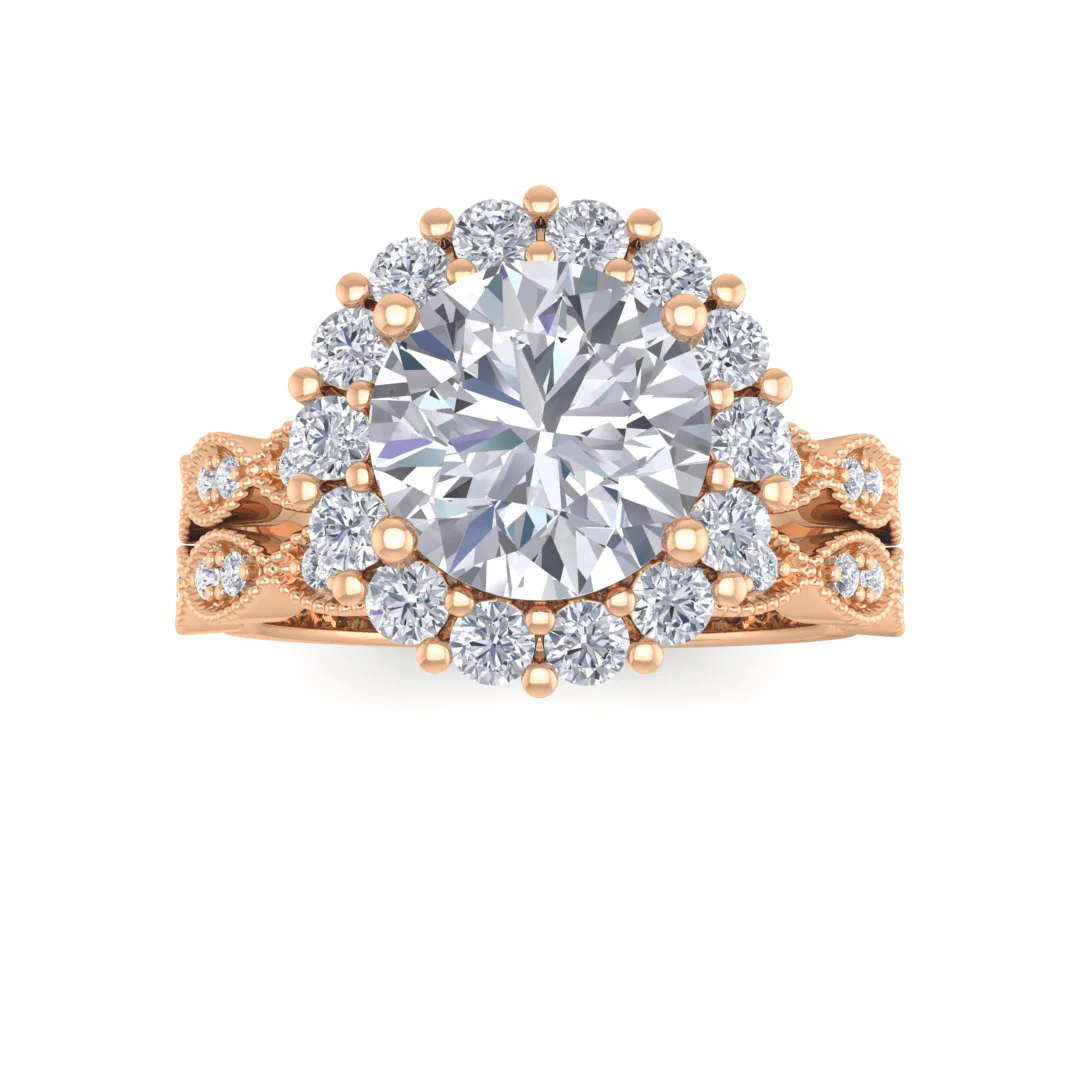14k Rose Gold 2.0ct Round Brilliant Diamond Halo Bridal Set 2.55tdw
