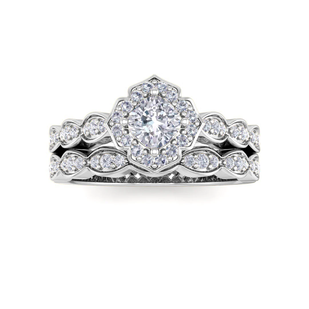 14k White Gold 0.33ct Cushion Cut Diamond Halo Vintage Inspired Bridal Set 0.63tdw