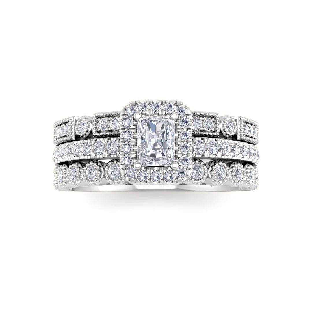 14k White Gold 0.33ct Emerald Cut Diamond Halo Bridal Set 0.83tdw