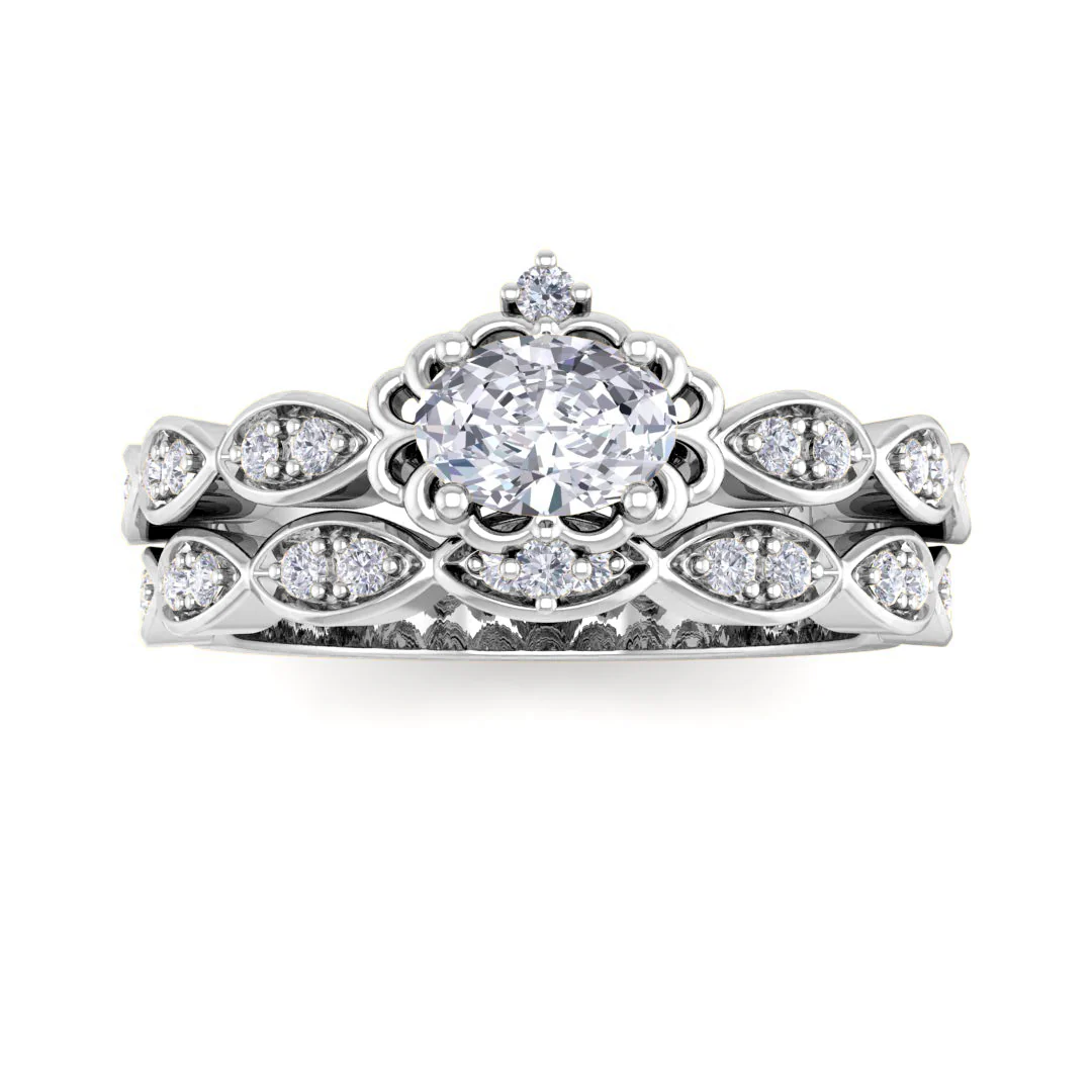 14k White Gold 0.33ct Oval Moissanite Filigree Halo Bridal Set 0.2tdw