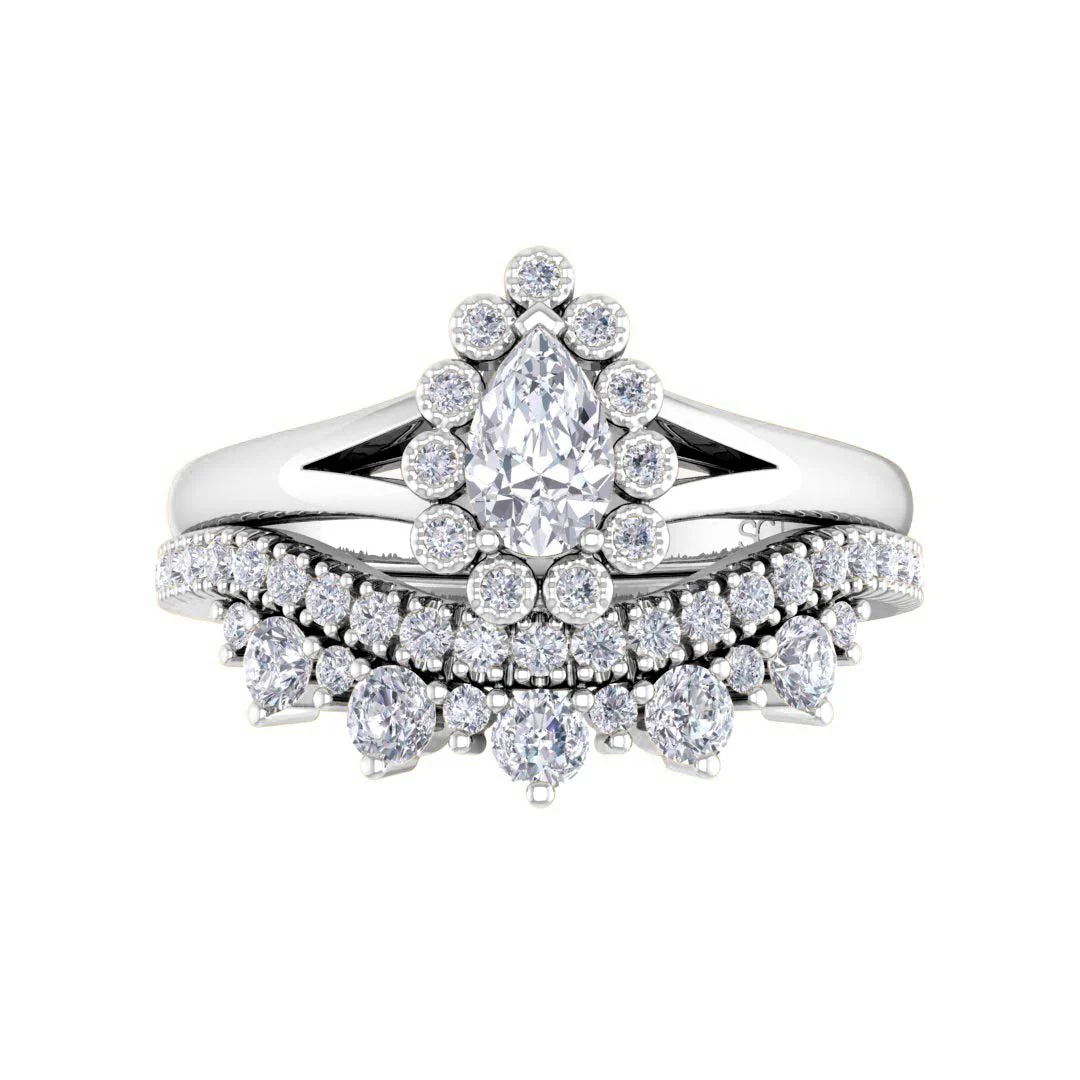 14k White Gold 0.33ct Pear Moissanite Halo Tiara Bridal Set 0.4tdw