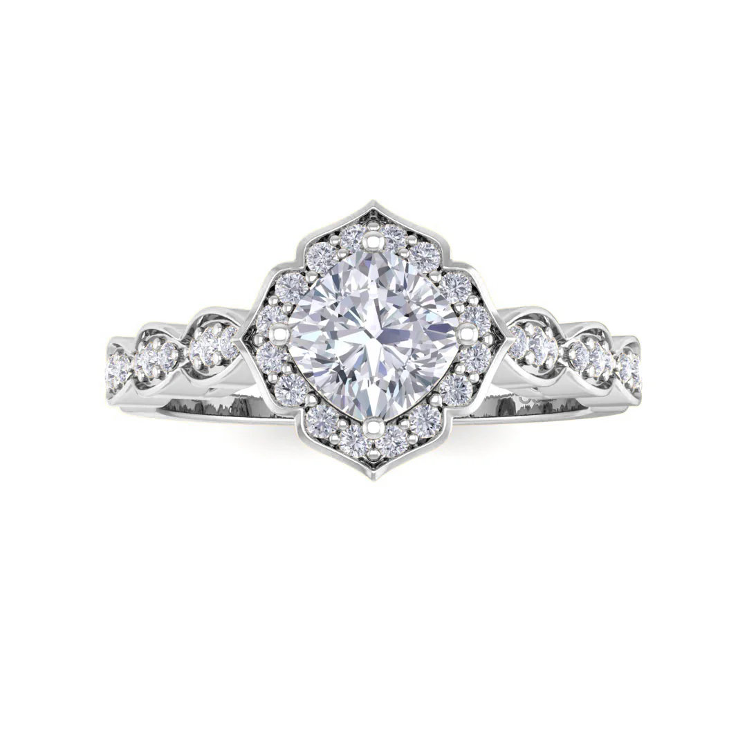 14k White Gold 0.75ct Cushion Cut Lab Diamond Halo Vintage Inspired Bridal Set 1.05tdw