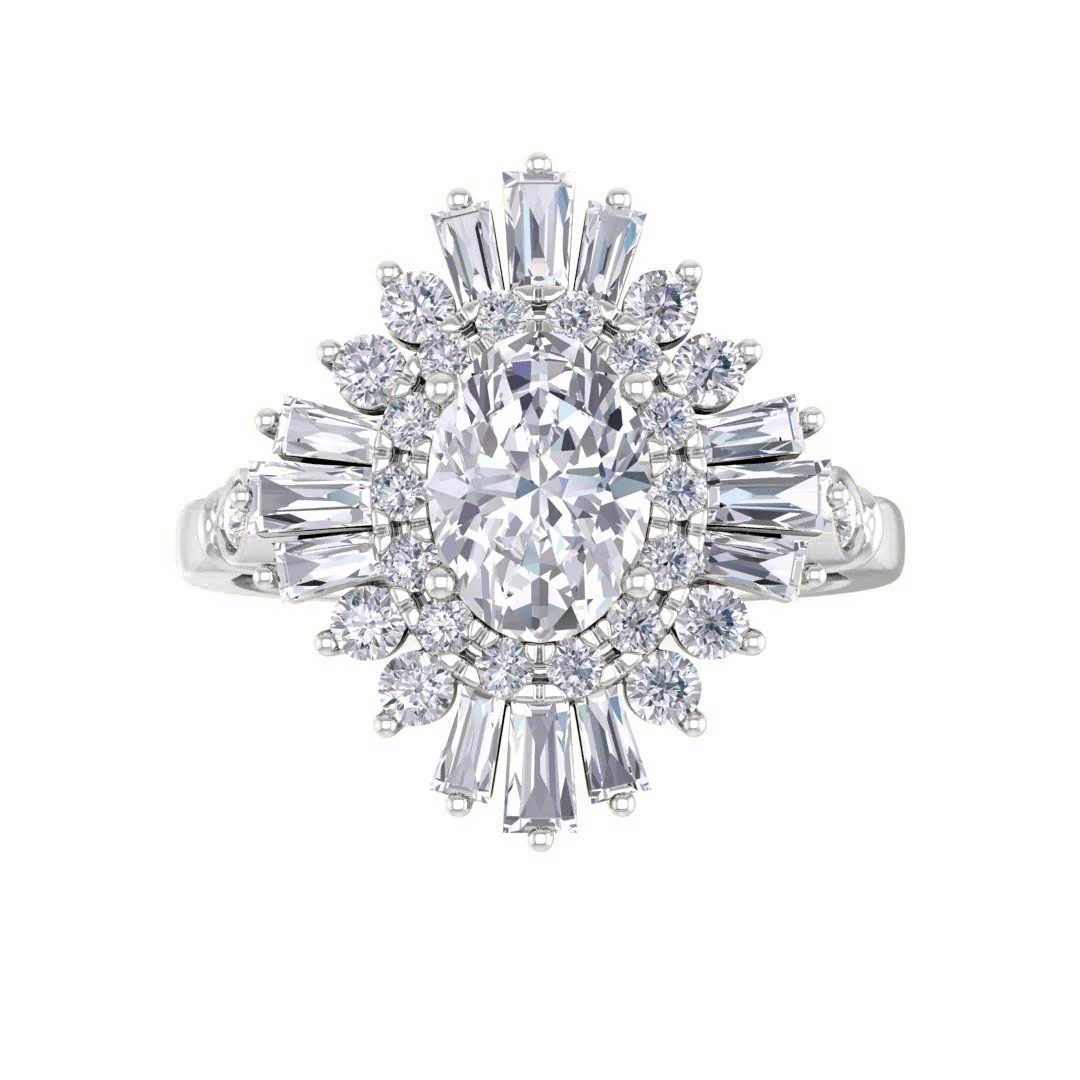 14k White Gold 0.75ct Oval Diamond Baguette Starburst Engagement Ring 1.25tdw