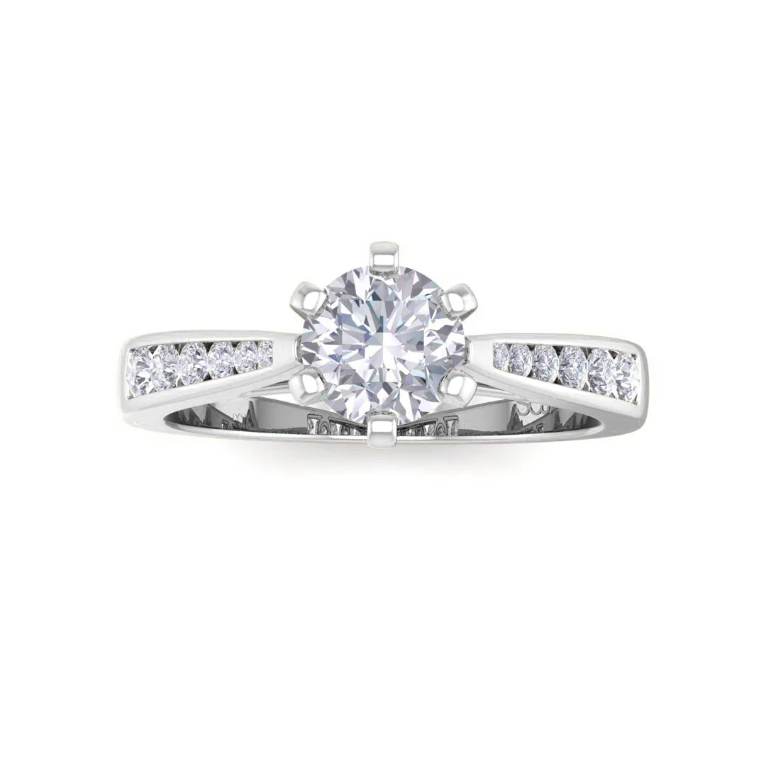 14k White Gold 0.75ct Round Brilliant Moissanite Solitaire With Channel Shoulders Engagement Ring 0.2tdw