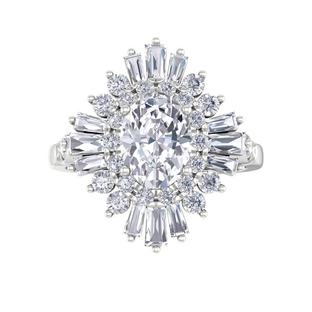 14k White Gold 1.0ct Oval Diamond Baguette Starburst Engagement Ring 1.5tdw