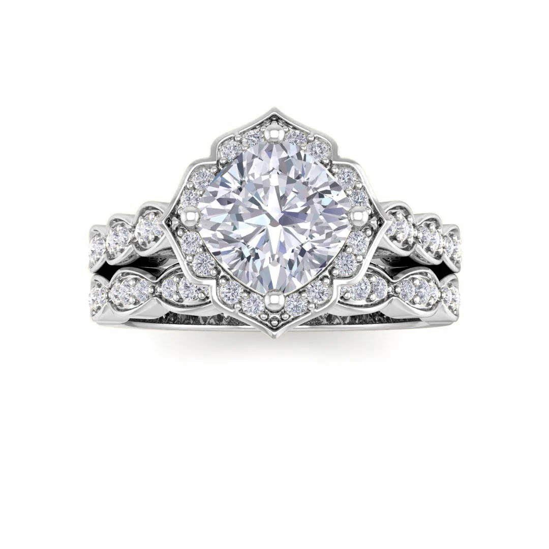 14k White Gold 1.5ct Cushion Cut Lab Diamond Halo Vintage Inspired Bridal Set 1.8tdw