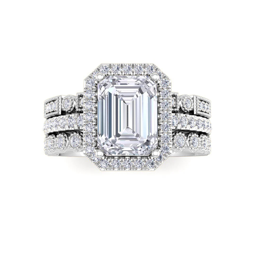 14k White Gold 1.5ct Emerald Cut Diamond Halo Bridal Set 2.0tdw
