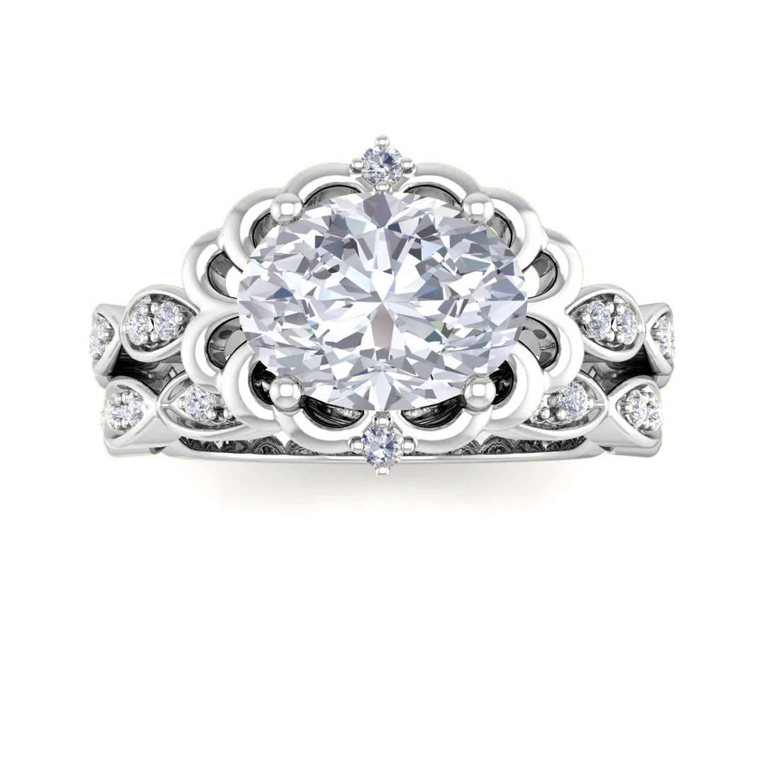 14k White Gold 1.5ct Oval Diamond Filigree Halo Bridal Set 1.7tdw
