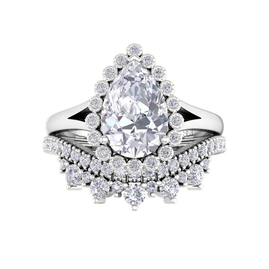 14k White Gold 1.5ct Pear Diamond Halo Tiara Bridal Set 1.9tdw