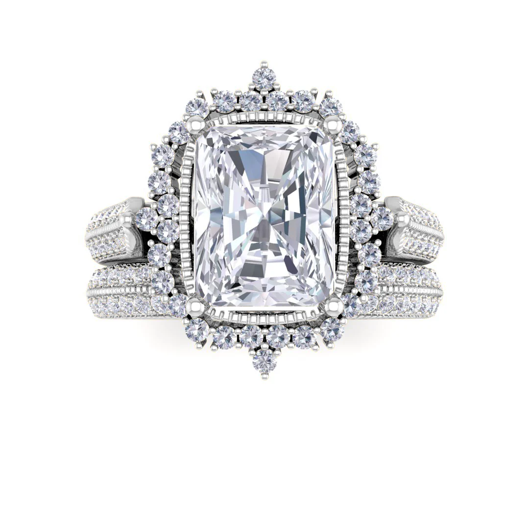 14k White Gold 2.0ct Emerald Cut Moissanite Vintage Halo Bridal Set 0.5tdw