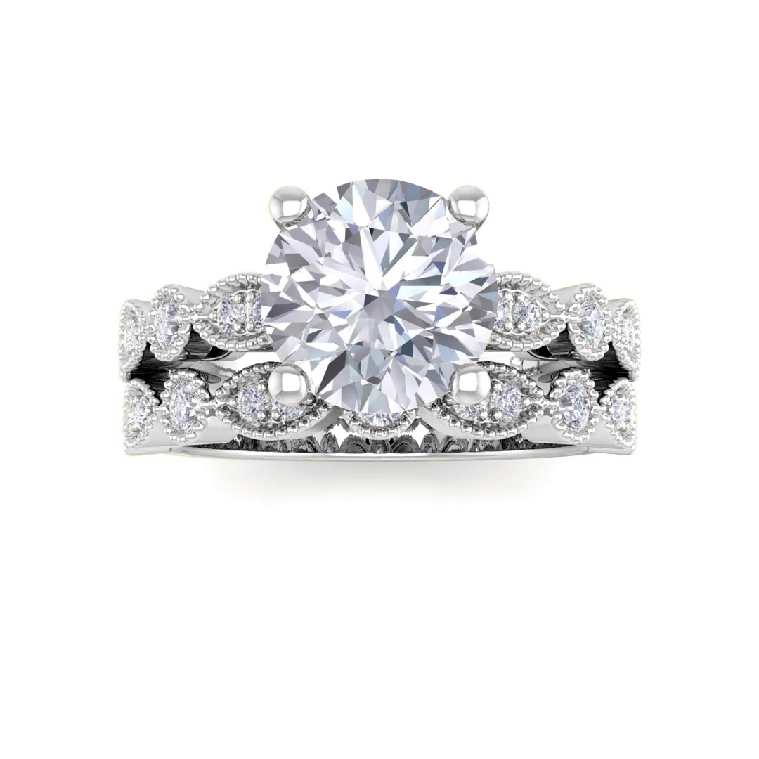 14K White Gold Round Brilliant Moissanite and Diamond Milgrain Bridal Set 0.25tdw 1.5ct Moissanite
