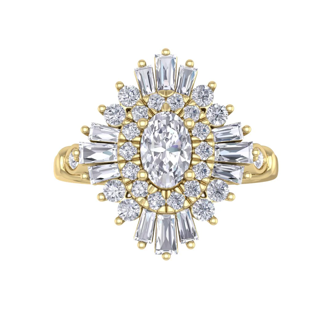14k Yellow Gold 0.33ct Oval Moissanite Baguette Starburst Engagement Ring 0.5tdw