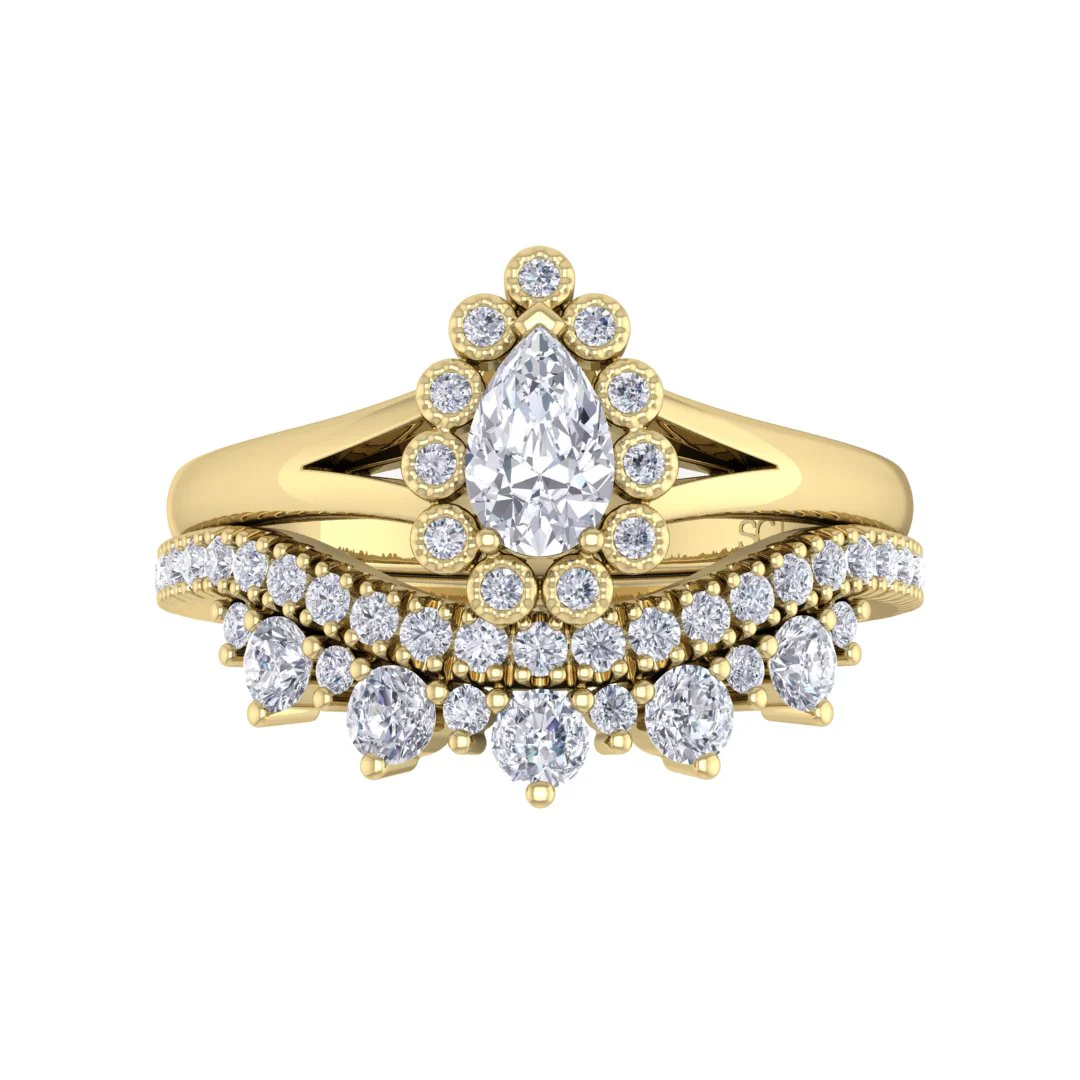 14k Yellow Gold 0.33ct Pear Diamond Halo Tiara Bridal Set 0.73tdw