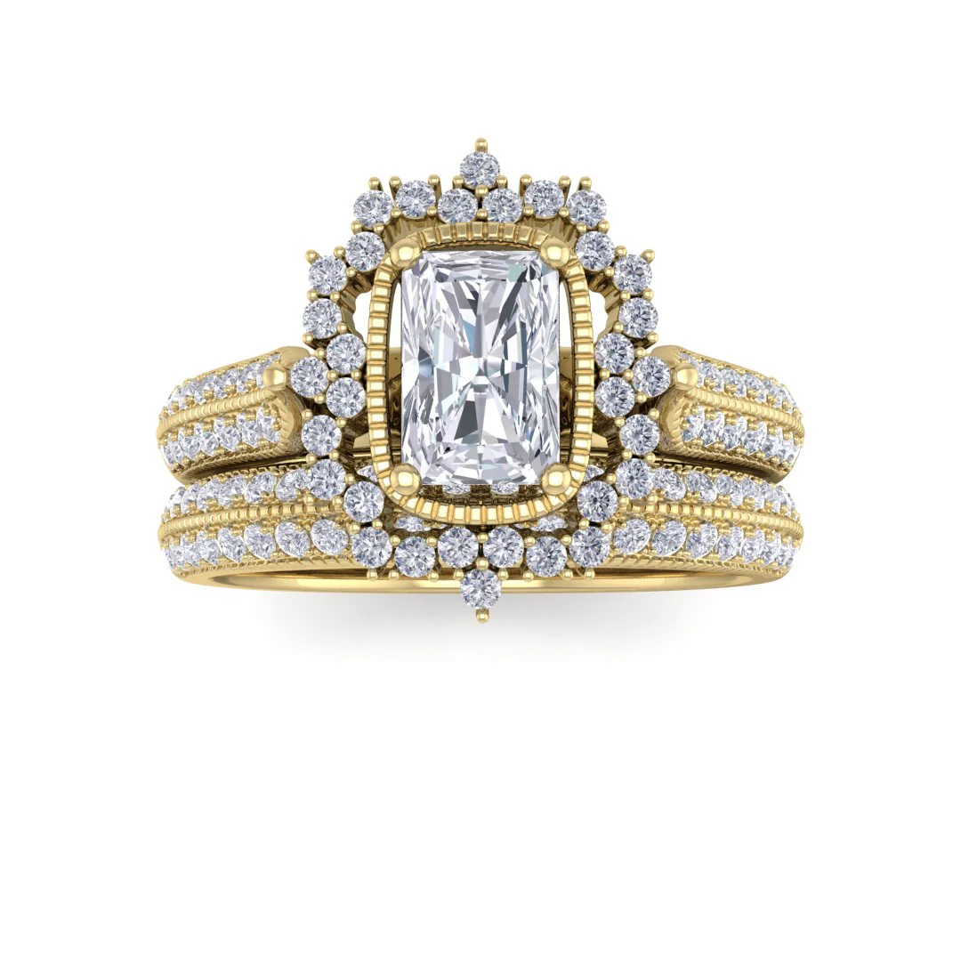14k Yellow Gold 0.5ct Emerald Cut Moissanite Vintage Halo Bridal Set 0.5tdw