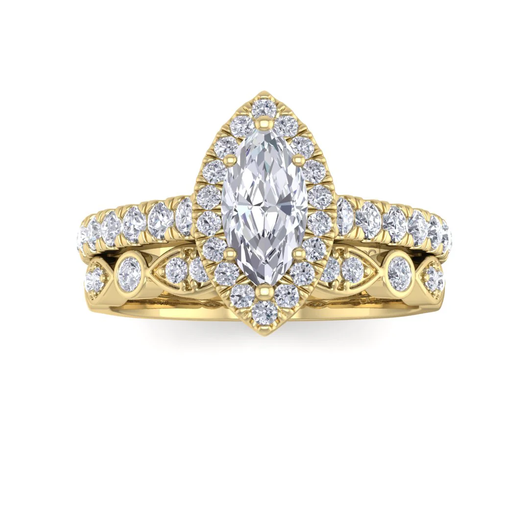 14k Yellow Gold 0.5ct Marquise Lab Diamond Halo Bridal Set 1.0tdw