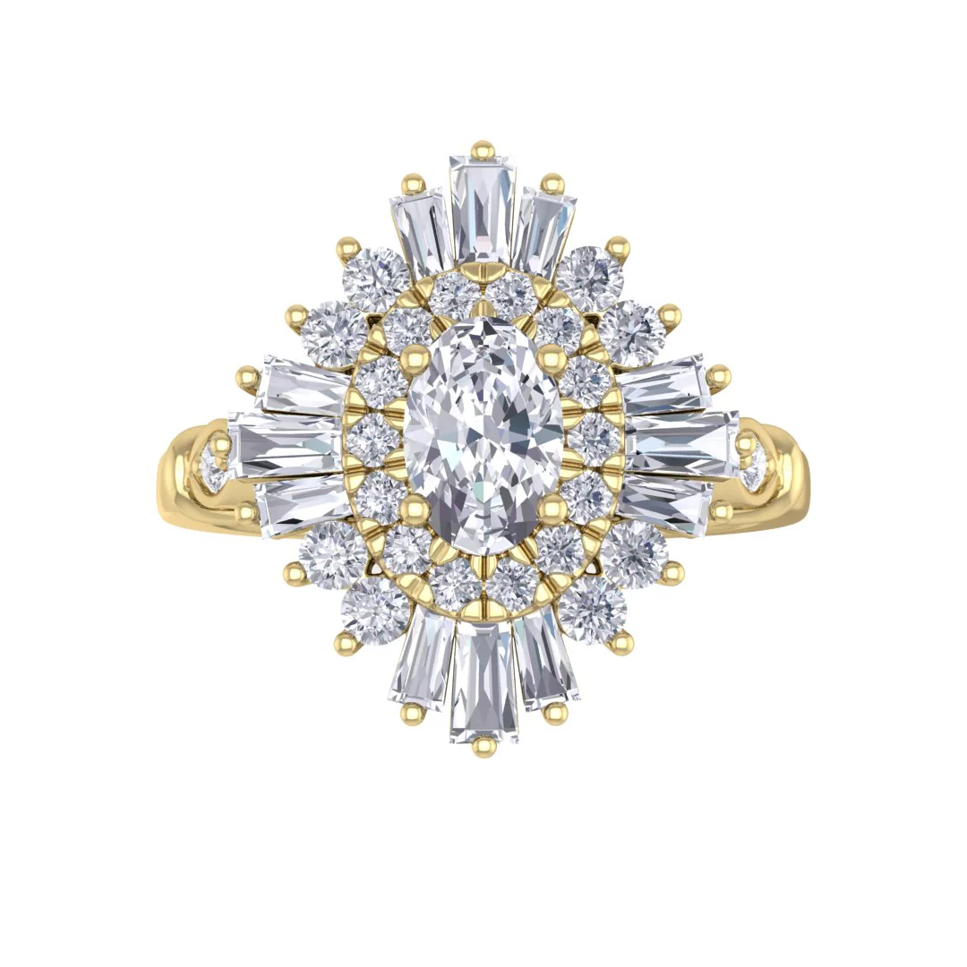 14k Yellow Gold 0.5ct Oval Lab Diamond Baguette Starburst Engagement Ring 1.0tdw