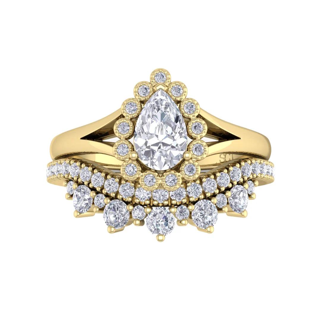 14k Yellow Gold 0.5ct Pear Lab Diamond Halo Tiara Bridal Set 0.9tdw