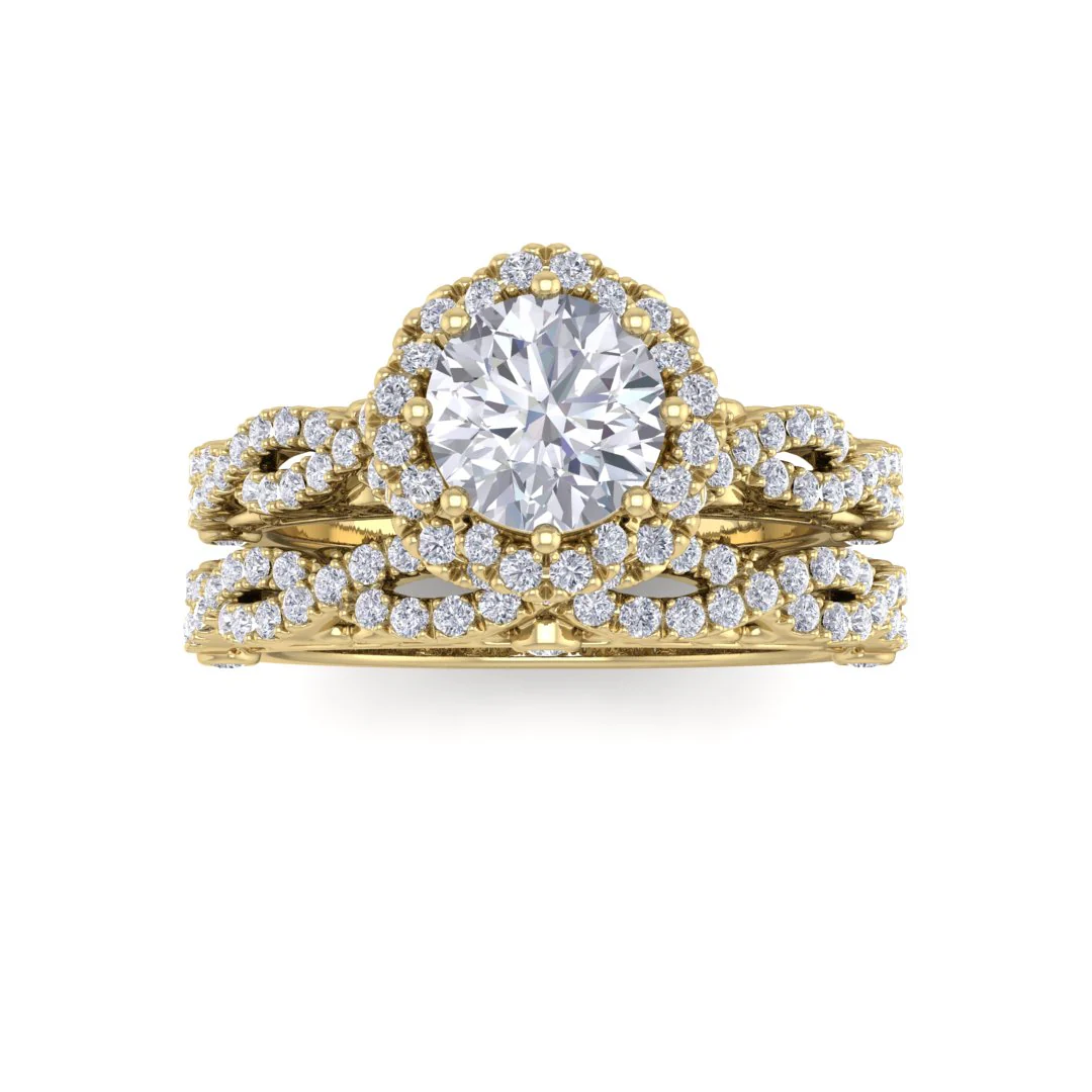 14k Yellow Gold 0.75ct Round Brilliant Diamond Flower Halo Bridal Set 1.25tdw