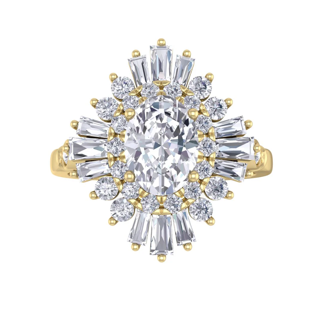 14k Yellow Gold 1.0ct Oval Moissanite Baguette Starburst Engagement Ring 0.5tdw