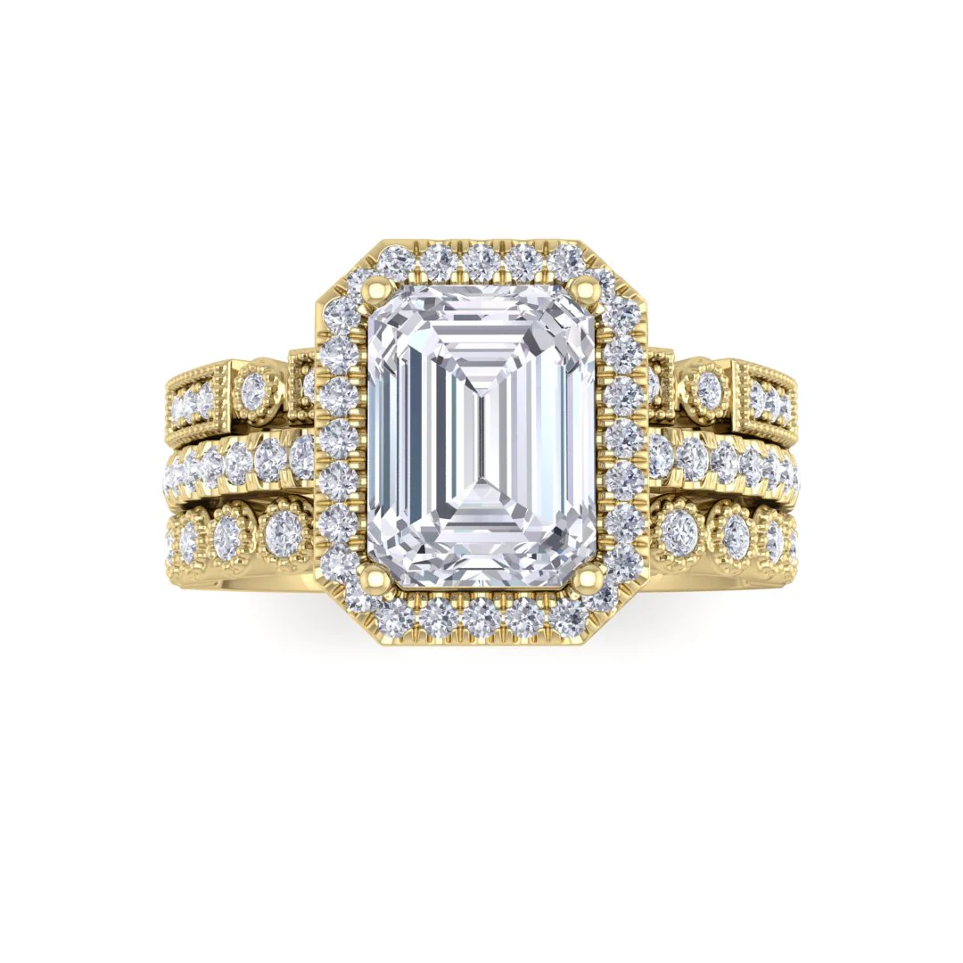 14k Yellow Gold 1.5ct Emerald Cut Diamond Halo Bridal Set 2.0tdw