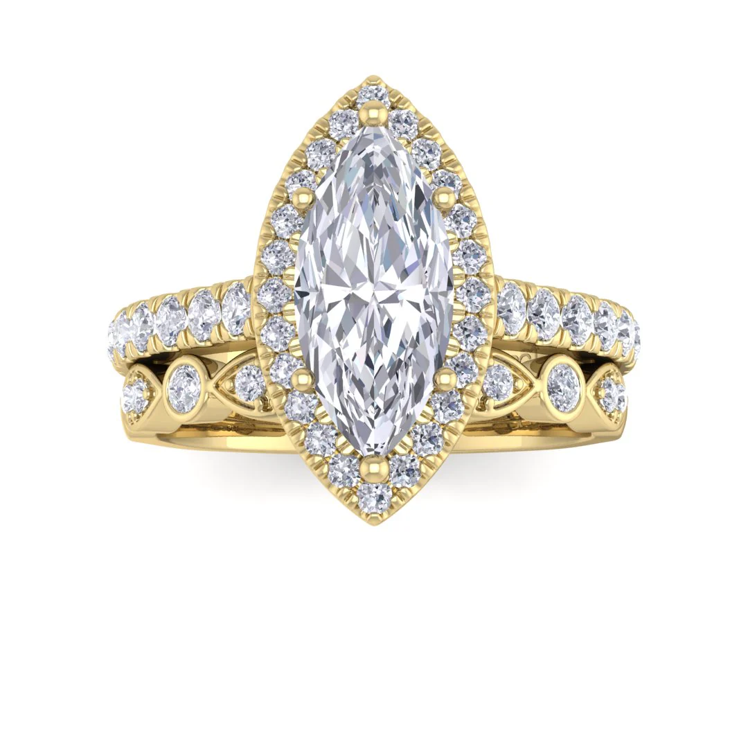 14k Yellow Gold 1.5ct Marquise Lab Diamond Halo Bridal Set 2.0tdw